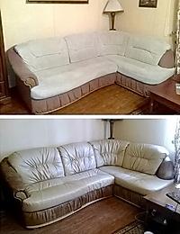 Перетяжка углового дивана из ткани в кожу